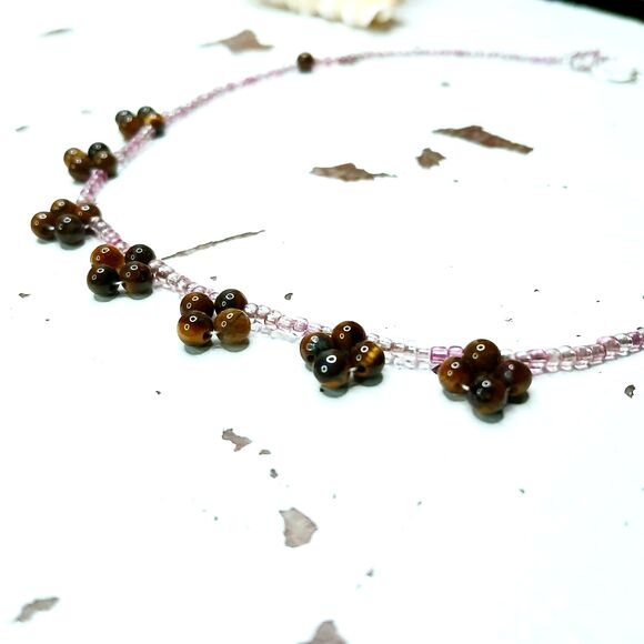 Dainty Tigers Eye Gemstone Beaded Flower Choker, 13" - Picture 2 of 4